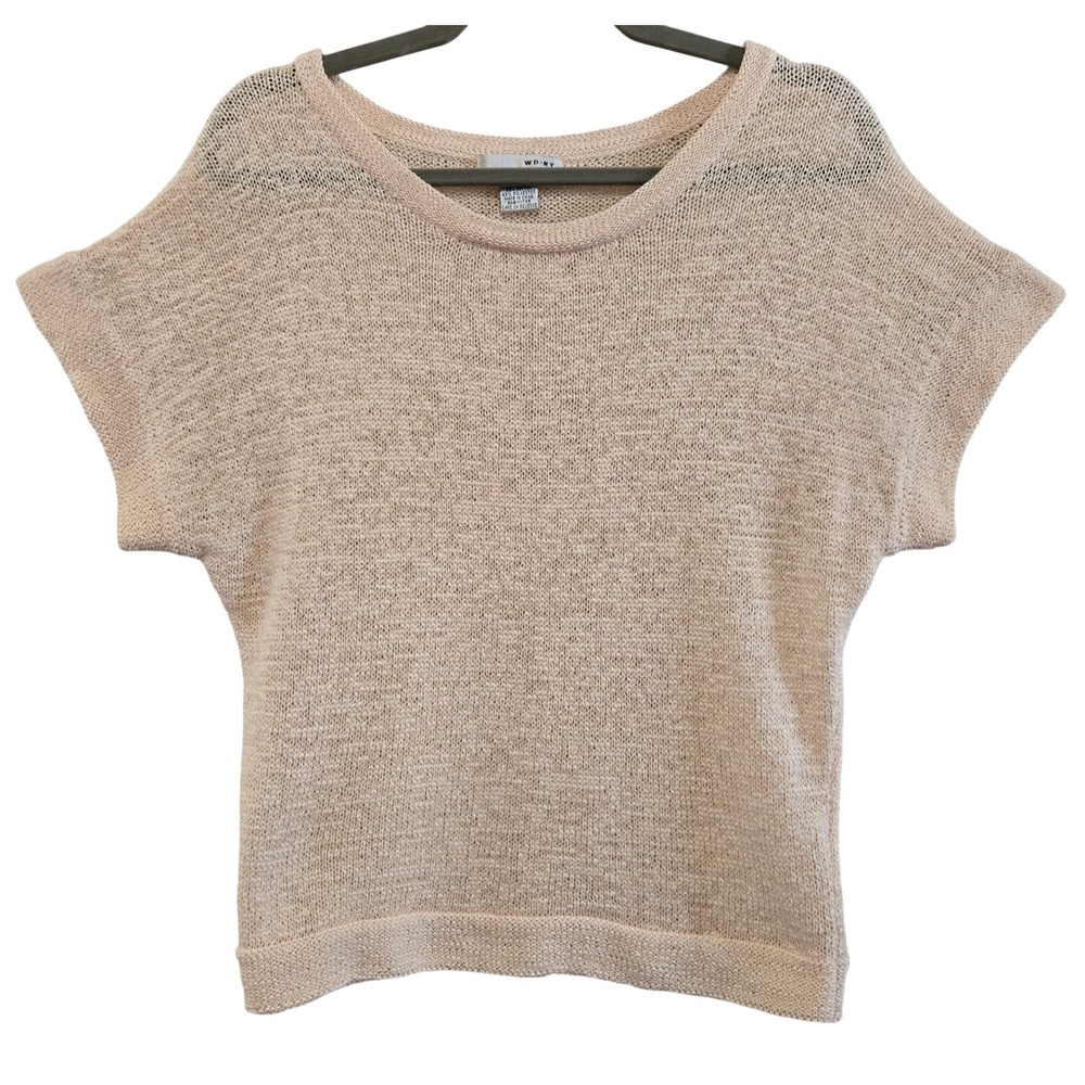 WD-NY Women's L Boho Chic Tan Short Sleeve Ribbon Knit Cotton Blend Sweater